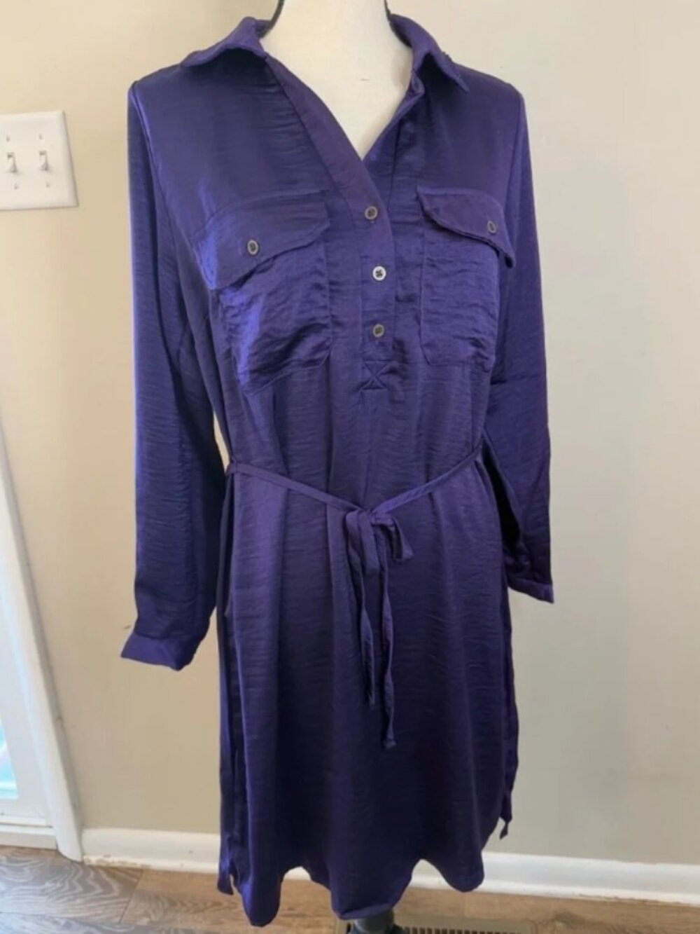 Lucky Brand Purple Shirt Dress Tie Waist Button Detail Long Sleeve Casual Boho